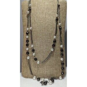 Black Faceted Beads Faux Pearl Two Tone Chain Station Necklace by Express